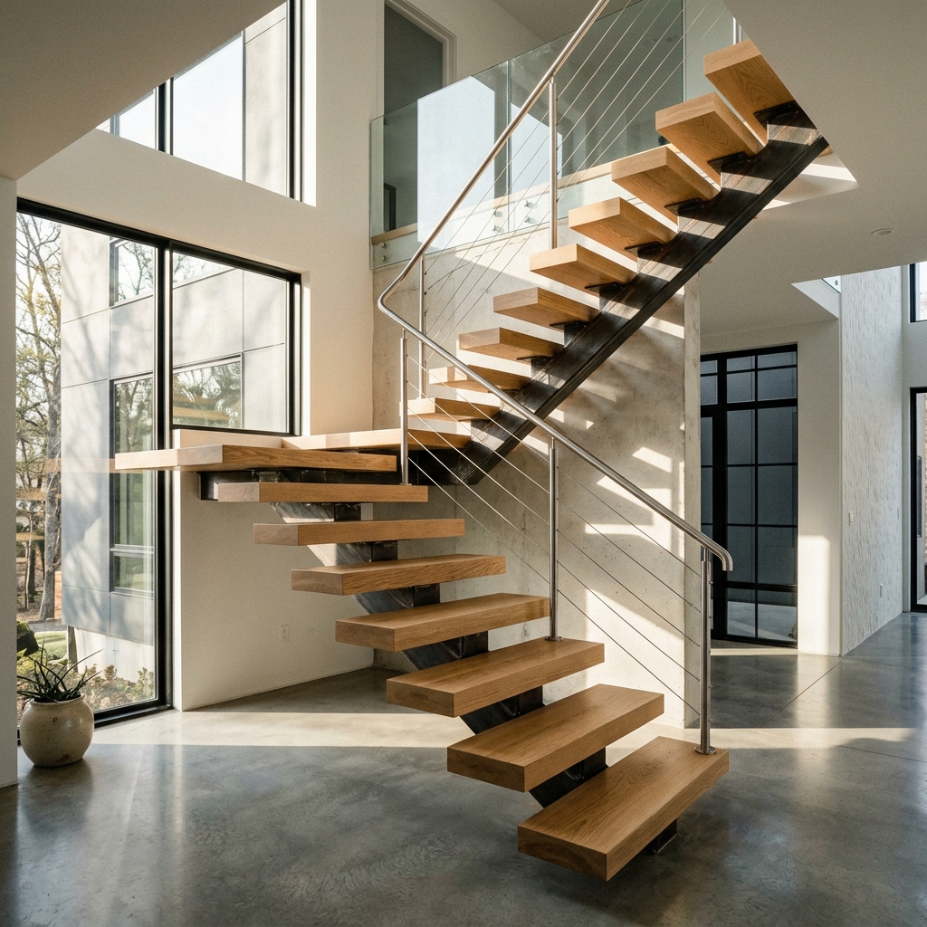 Floating Oak and Steel Staircase